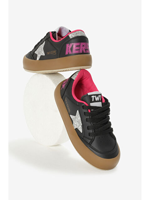 TONNY BLACK Çocuk Unisex Siyah Gümüş Termo Taban Yıldız Detaylı Bağcıklı ve Cırtlı Spor Ayakkabı - S000493826-37431