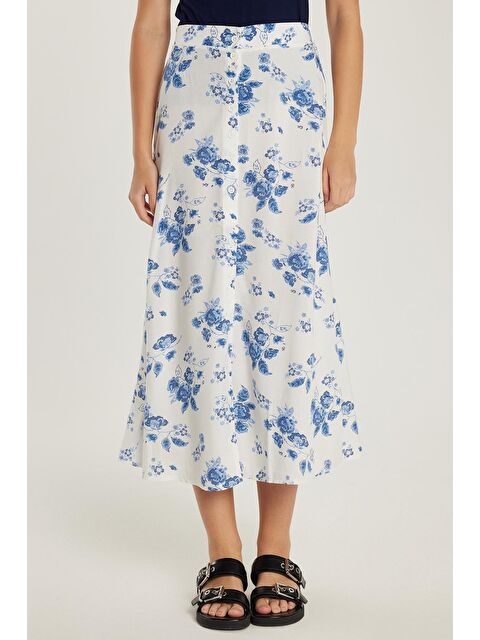 TUDORS Kadın Standart Fit Düğmeli Viskon Lastikli Baskılı Midi Boy Etek - S000521667-23173
