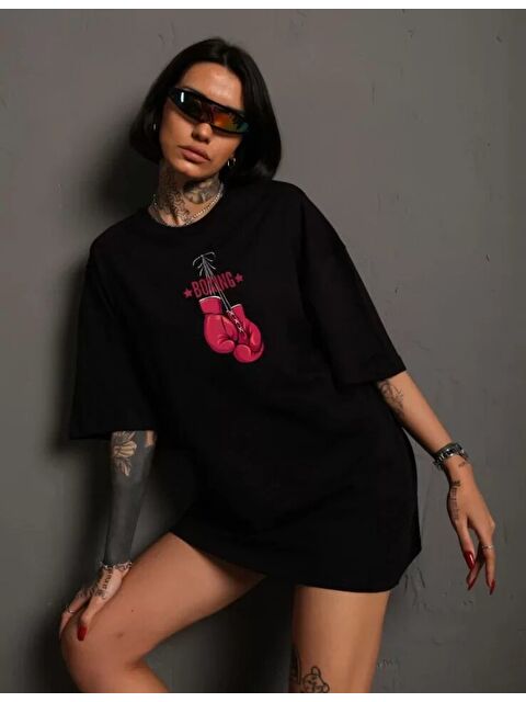 Jane's Unisex Bisiklet Yaka Baskılı Oversize T-Shirt - Siyah