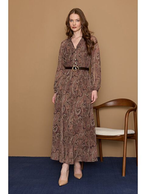 Fullamoda Etnik Desenli Kemerli Yarım Düğmeli Elbise - S000531474-19413