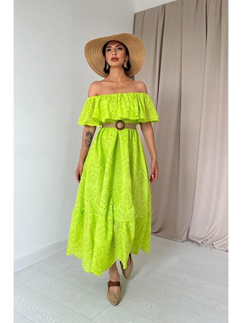 Jane's Yağ Yeşili Omzu Lastikli Brode Elbise - S000528162-16580