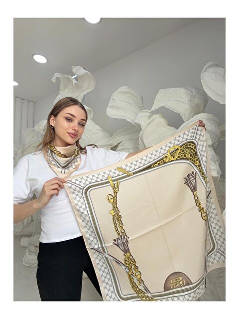 Luminos Butik Bej Zincir Desenli 70x70 Fular FLR3015