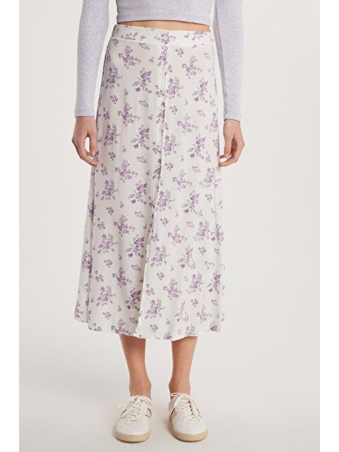 TUDORS Kadın Standart Fit Düğmeli Viskon Lastikli Baskılı Midi Boy Etek - S000521673-23173