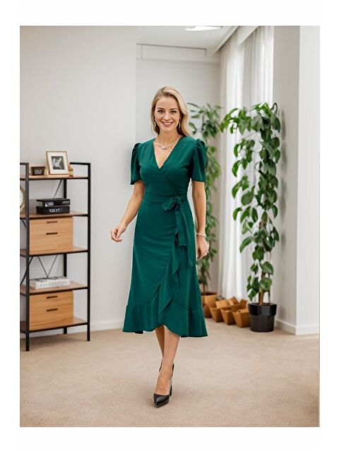 Jane's Kadın Kruvaze Yaka Midi Boy Kuşaklı Krep Elbise 120 Cm - S000527708-18194