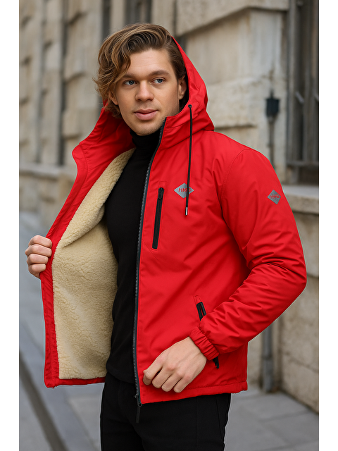 Comstar Erkek Dar Kırmızı İçi Pelüş Kürk Rüzgarlık & Yağmurluk