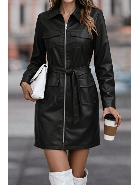 Jane's Kadın Uzun Kollu Yakalı Cepli önü Fermuarlı Mini Deri Elbise - S000529080-19351