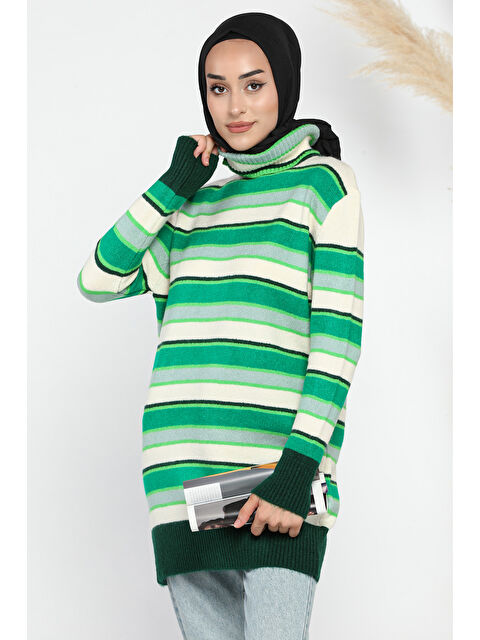 Julude Çizgi Desenli Tam Balıkçı Yaka Kışlık Triko Tunik - S000179300-18194