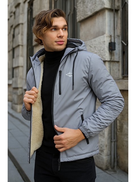 Comstar Erkek Dar Gri İçi Pelüş Kürk Rüzgarlık & Yağmurluk