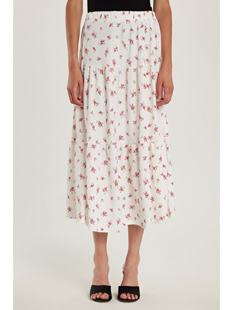 TUDORS Kadın Standart Fit Beli Lastikli Baskılı Midi Boy Etek - S000521676-23173