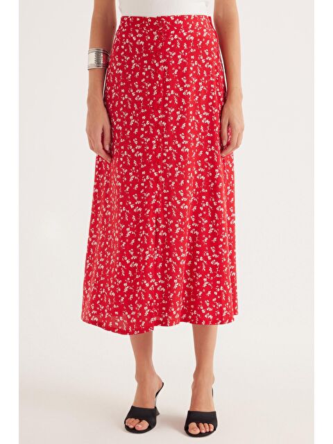 TUDORS Kadın Standart Fit Düğmeli Viskon Lastikli Baskılı Midi Boy Etek - S000521678-23173