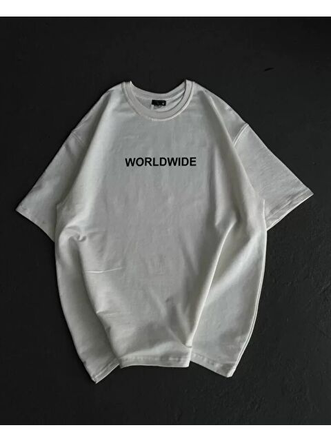 Jane's Unisex Bisiklet Yaka Baskılı Oversize T-Shirt - Beyaz