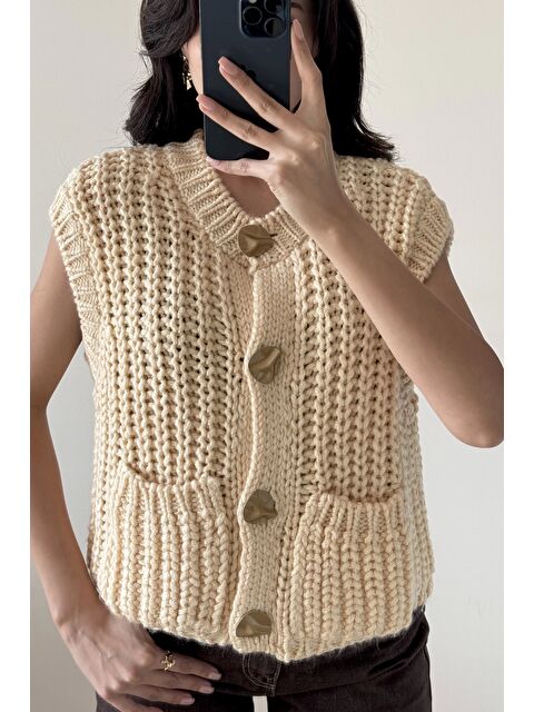 eka Kadın Krem Kalın Örgü Yelek 1014-2395 - S000441398-19966