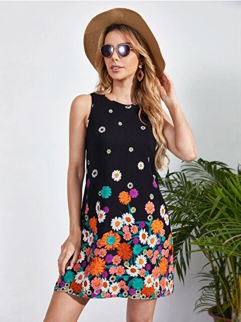 Jane's Kadın Sıfır Kollu Bisiklet Yaka çiçek Desenli Süprem Mini Elbise - S000529083-19351