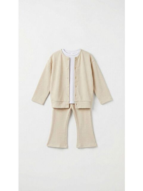 Magu Kız Çocuk Pamuklu Bej Fitilli Hırka Pantolon Takım – Düğmeli Hırka, İspanyol Paça - S000494809-19965