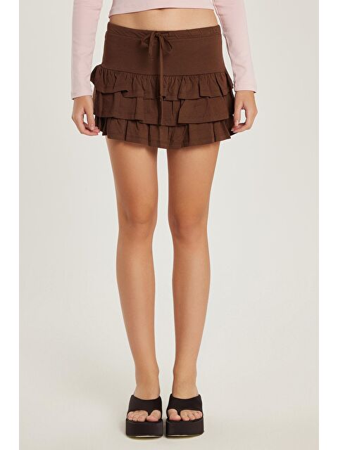 TUDORS Kadın Regular Fit %100 Pamuk Düz Kahverengi Etek - S000521679-19413