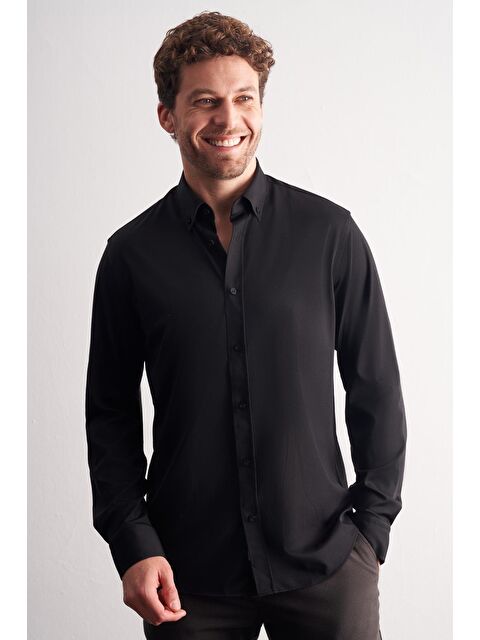 İMZA Siyah Düğmeli Yaka Örme Uzun Kol Performans Ürün Slim Fit Esnek Gömlek 1004255270 - S000505445-19351