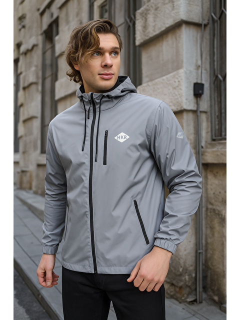 Comstar Erkek Astarlı Bol Cepli Gri Rüzgarlık & Yağmurluk