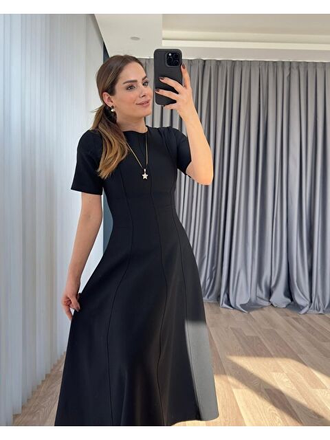 Jane's Kadın Kısa Kollu Bisiklet Yaka Maksi Boy Ithal Krep Elbise - S000529086-19351