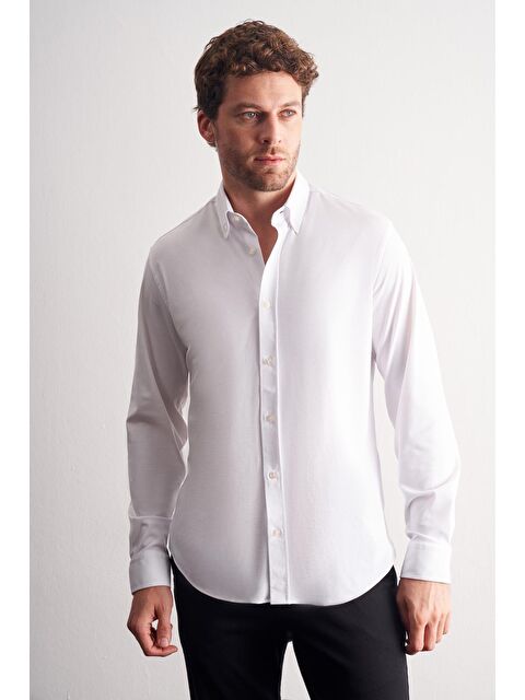 İMZA Beyaz Düğmeli Yaka Örme Uzun Kol Performans Ürün Slim Fit Esnek Gömlek 1004255270 - S000505445-20063