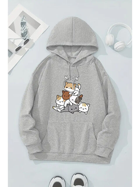 uyguntarz Meow Tatlı Kediler Baskılı Oversize Sweatshirt - S000280277-20600