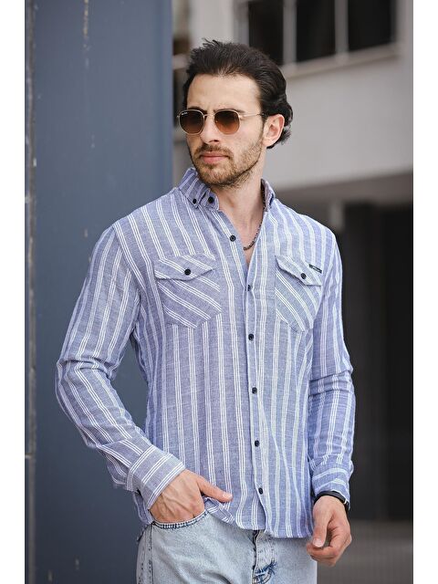 Oksit Dar Kalıp Çift Cep Kapaklı Çizgili Erkek Gömlek - S000181267-21164