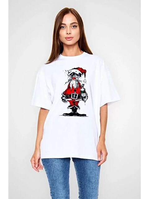 Jane's Unisex Bisiklet Yaka Baskılı Oversize T-Shirt - Beyaz