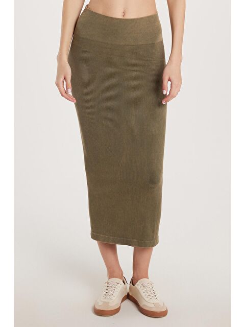 TUDORS Kadın Slim Fit Pamuklu Düz Uzun Haki Etek - S000521695-18547
