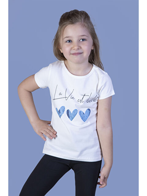 Toontoykids Kız Çocuk Kalp Desenli Yazı Baskılı Taş İşlemeli Tişört - S000361510-19965