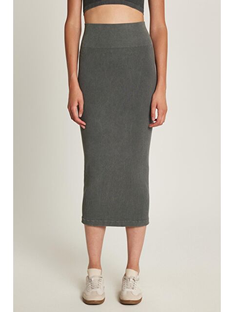 TUDORS Kadın Slim Fit Pamuklu Düz Uzun Antrasit Etek