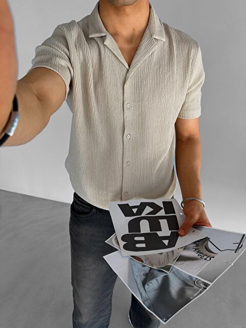 Abluka Online Erkek Long Fit Gofre Kumaş Esnek Küba Yaka Gömlek Bej - S000240382-19928