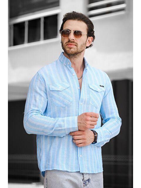 Oksit Dar Kalıp Çift Cep Kapaklı Çizgili Erkek Gömlek - S000181267-20055