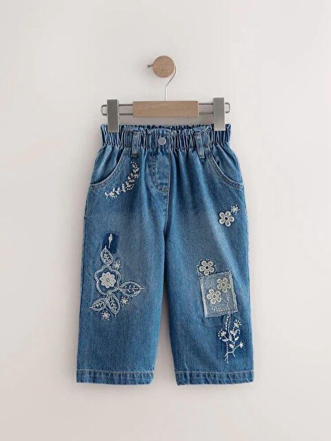 Magu Kız Çocuk Nakışlı Jean Pantolon – Elastik Belli, Çiçek Detaylı Denim Alt - S000492772-17234