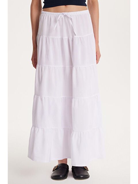 TUDORS Kadın Standart Fit Beli Lastikli Bağlamalı Beyaz Etek - S000521708-20063