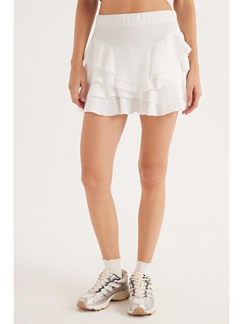 TUDORS Kadın Relax Fit Rahat Kesim Beli Lastikli Piliseli Ekru Etek - S000521712-19965