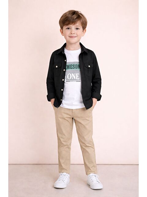 Cansın Mini Siyah Uzun Kol Düğmeli Gömlekli Tişörtlüi Erkek Çocuk 3lü Pantolonlu Takım 23755 - S000531757-19351
