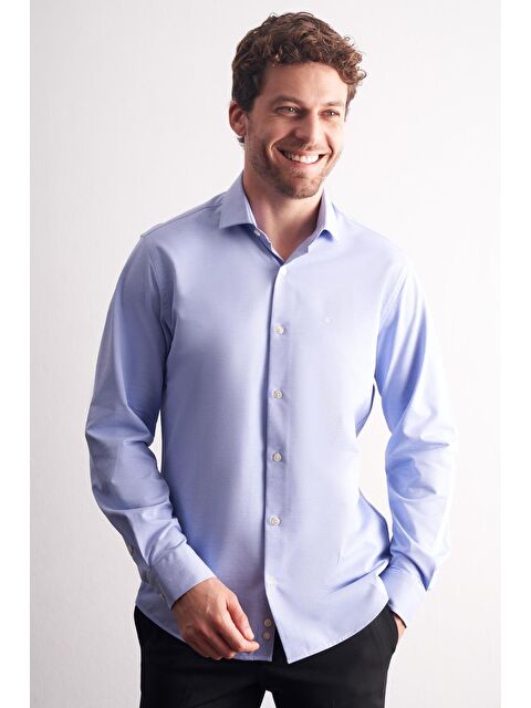 İMZA Mavi Yarım İtalyan Yaka Uzun Kol Premium Slim Fit %100 Pamuk Gömlek 1004255194 - S000505501-17234