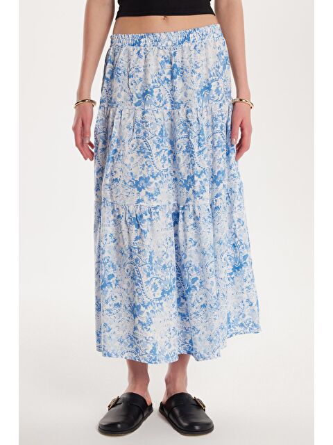 TUDORS Kadın Standart Fit Beli Lastikli Pileli Baskılı Viskon Etek - S000521714-23173