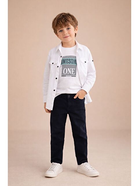 Cansın Mini Lacivert Keten Pantolonlu Uzun Kol Gömlekli Erkek Çocuk 3lü Takım 23766 - S000531758-21164