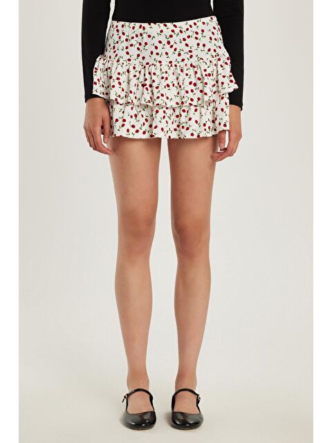 TUDORS Kadın Slim Fit Dar Kesim Piliseli Baskılı Mini Etek - S000521716-23173