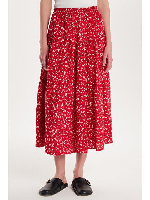 TUDORS Kadın Standart Fit Beli Lastikli Pileli Baskılı Viskon Etek - S000521717-23173