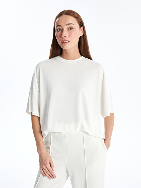 Dexia Pau - Modal  Kumaş Düz Oversize Tshirt- Ekru - S000222841-19965