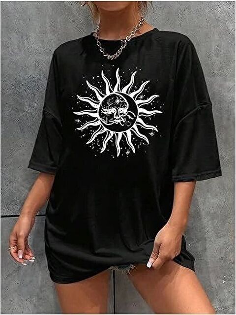 Jane's Bisiklet Yaka Baskılı T-shirt - Siyah