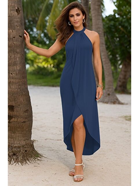 Jane's Kadın Omuzlardan Açık Boyundan Geçmeli Asimetrik Kesim Detaylı Viskon Elbise - S000529091-17234