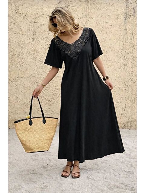 Jane's Kadın Kısa Kollu Dantel Güpür Detay V Yaka Maxi Boy Elbise - S000529092-19351