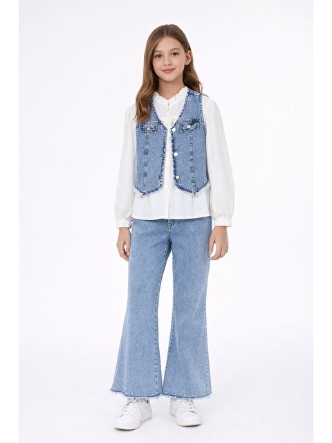 Cansın Mini Mavi Püsküllü Jean Yelekli Fularlı Gömlekli Kız Çocuk 3lü Pantolonlu Takım 23767 - S000531759-17234