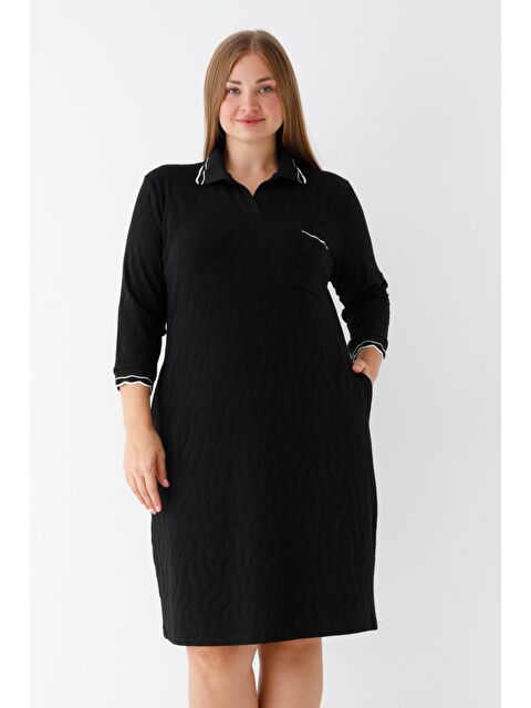 Intensive Siyah Truvakar Kollu Desenli Polo Yaka Biye Detaylı Kadın Jakarlı Büyük Beden Elbise - S000443070-19351