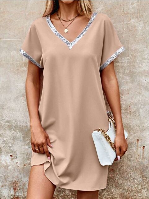 Jane's Kadın Yaka Ve Kol Pul Payet şeritli Ithal Krep Elbise - S000529096-19928