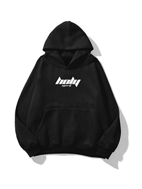 Trendseninle Unisex Holy Baskılı Kapüşonlu Sweatshirt Hoodie Siyah - S000443078-19351