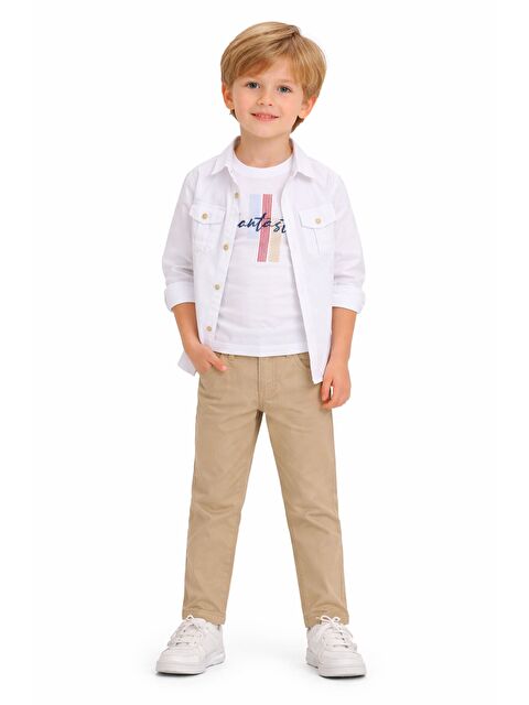 Cansın Mini Krem Keten Pantolonlu Düğmeli Gömlekli Erkek Çocuk 3lü Takım 23765 - S000531760-19966