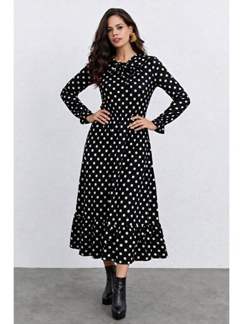 Jane's Kadın Uzun Kollu Yakası Bağcıklı Uzun Puantiyeli Krep Maxi Elbise - S000529099-19351